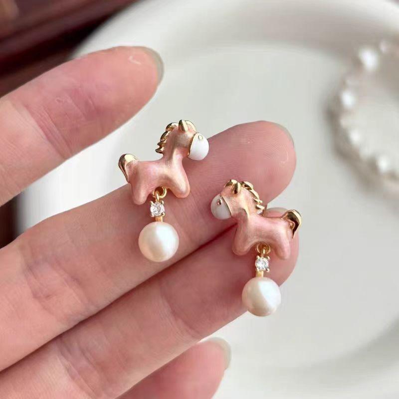 Sweet pink drop glaze pony imitation pearl stud earrings light luxury temperament high sense fashion versatile earrings earrings women