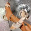 New Thick Heel Open-toed Sandals Women's 2025 Summer One-word Buckle Strap High Heel Sequins Women's Shoes Fashion Sandals Silver