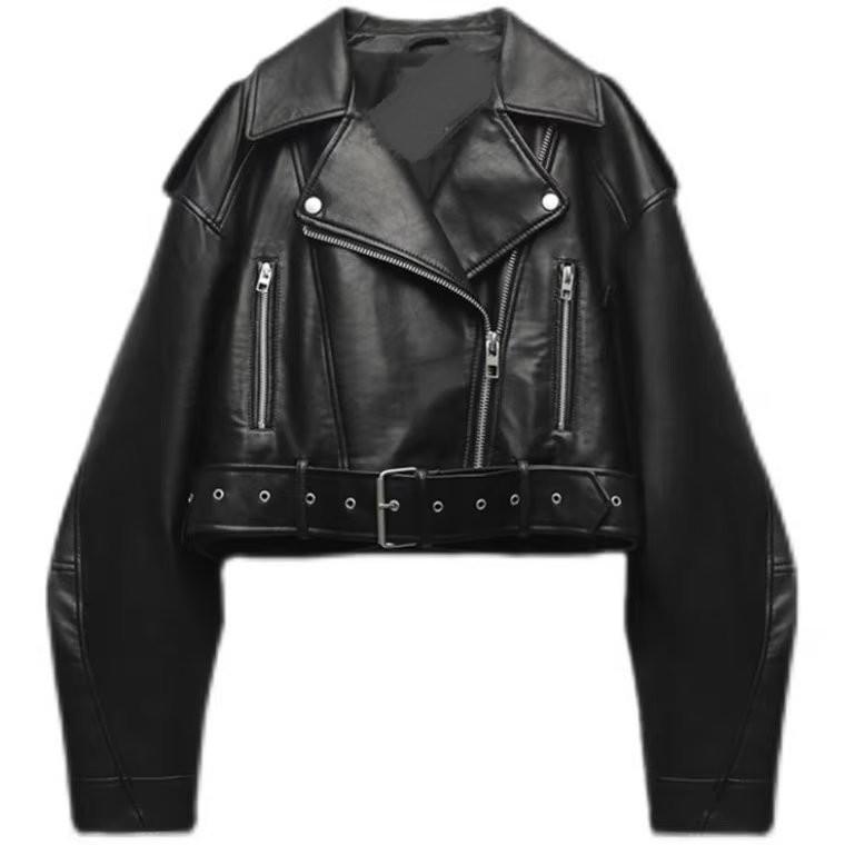 Women Faux PU Leather Jacket Casual Lady Lapel Zipper Short Leather Jacket High Street Motorcycle Coat