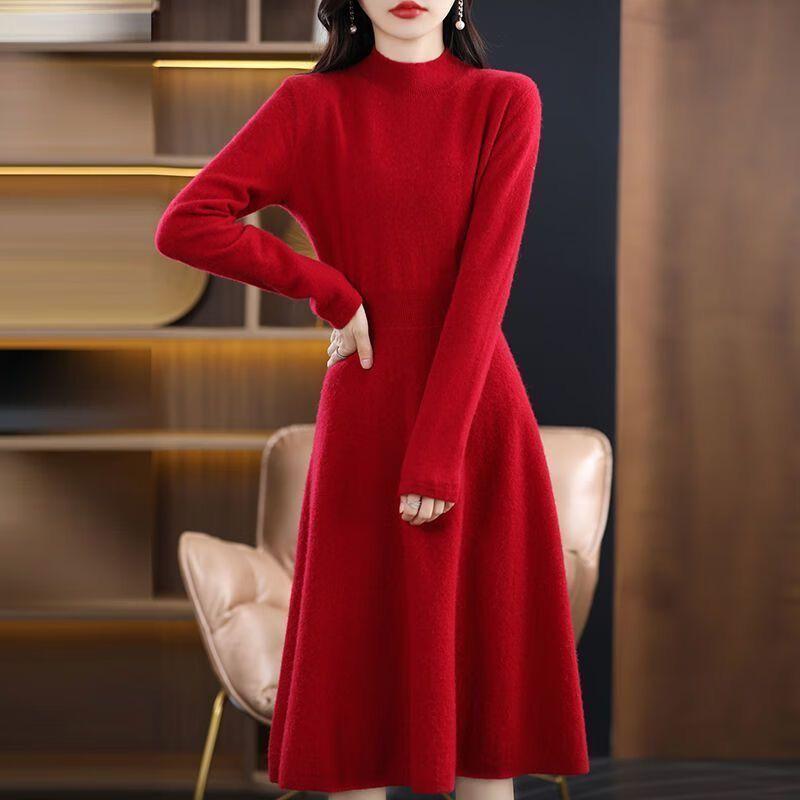 

Платье-свитер длиной до колена, женское, с полувысоким воротником, вязаное, длинное, приталенное, средней длины, вязаный свитер для осени и зимы M красный