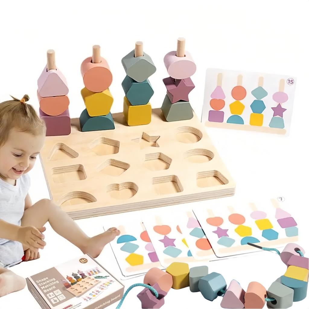 Toys Educational Montessori Wooden Color Shape Matching Puzzle Toy Beaded Threading Rope Game Fine Motor Early Toy for Kids Gift