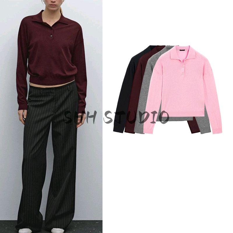 MD Women's Spring Clothing Gao Zhi Sentong Qin Style Short Polo Shirt Collar Sweater Long Sleeves Knitwear 5733684