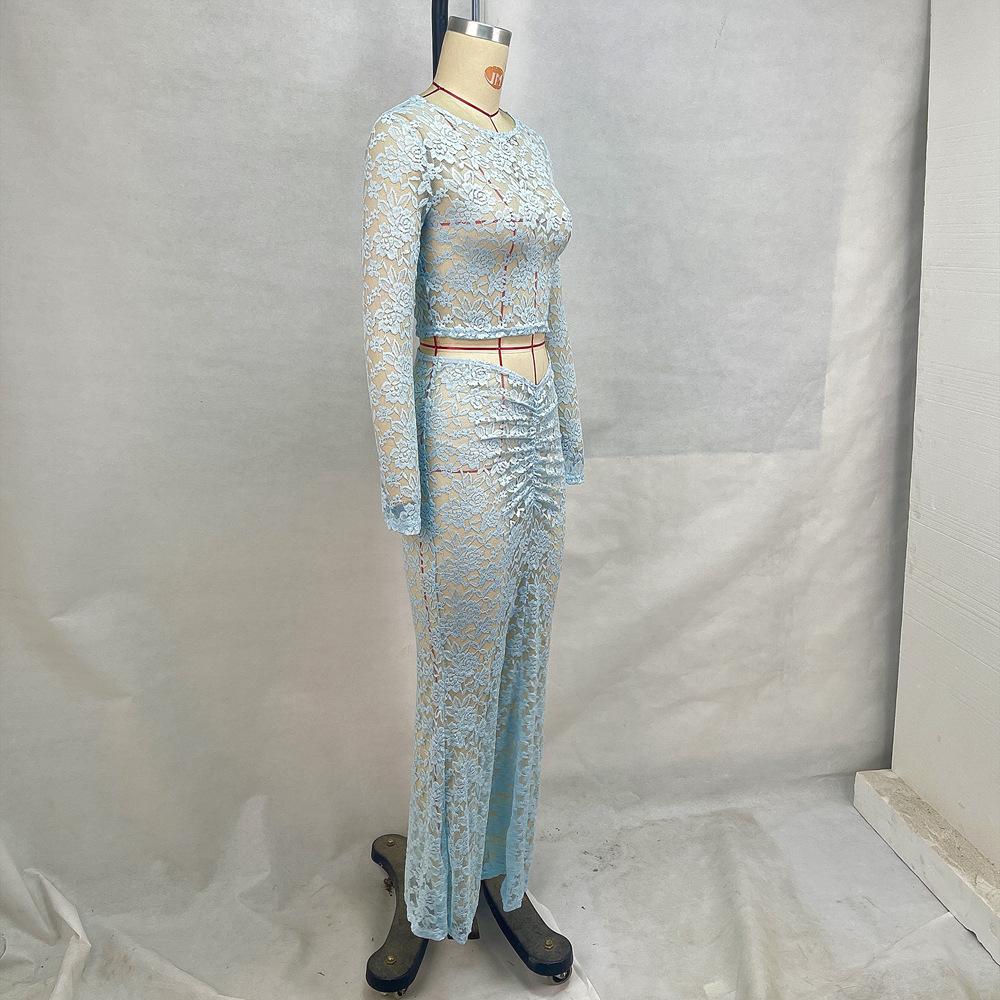 Damska sukienka z okrągłym dekoltem, z wysoką talią, z długim rękawem, wyszczuplająca talię i biodra, długości do połowy ciała, zestaw dwuczęściowy