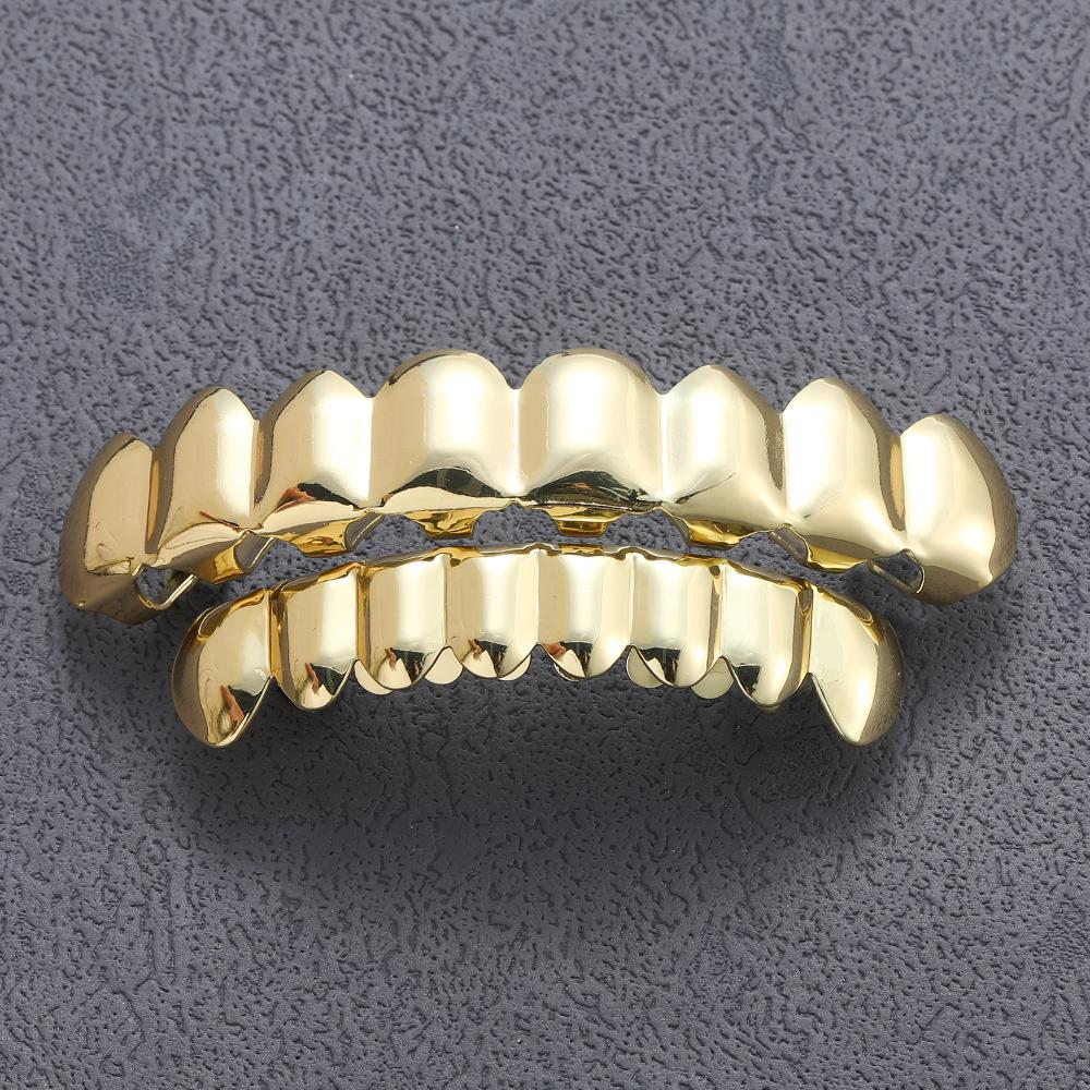 AceWings G010 Brass 8/8 Hip Hop Teeth Grillz Set Gold/Silver Top & Bottom Body Jewelry Punk Cosplay Party Tooth Grills Gifts