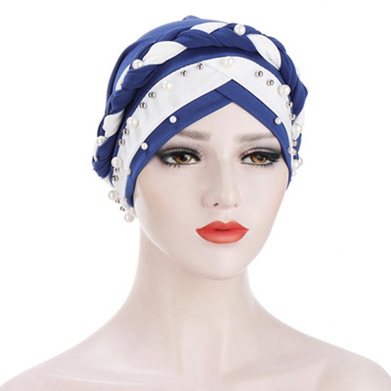 Indian Muslim Women Two Color Hijab Milk Silk Chemical Hat Braided Bead Hijab Islamic Hijab Ladies Bicolor Pearl Baotou Cap