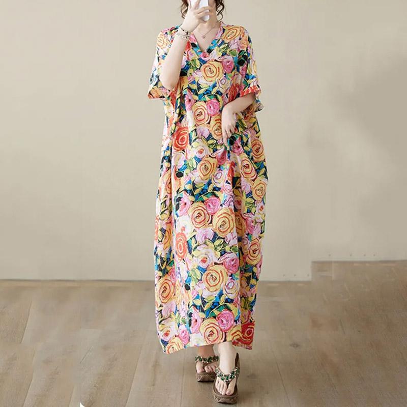 Oversized Dresses Summer Women Printing Loose Cotton Linen Long Dresses Large Hem Summer Women Long Dresses