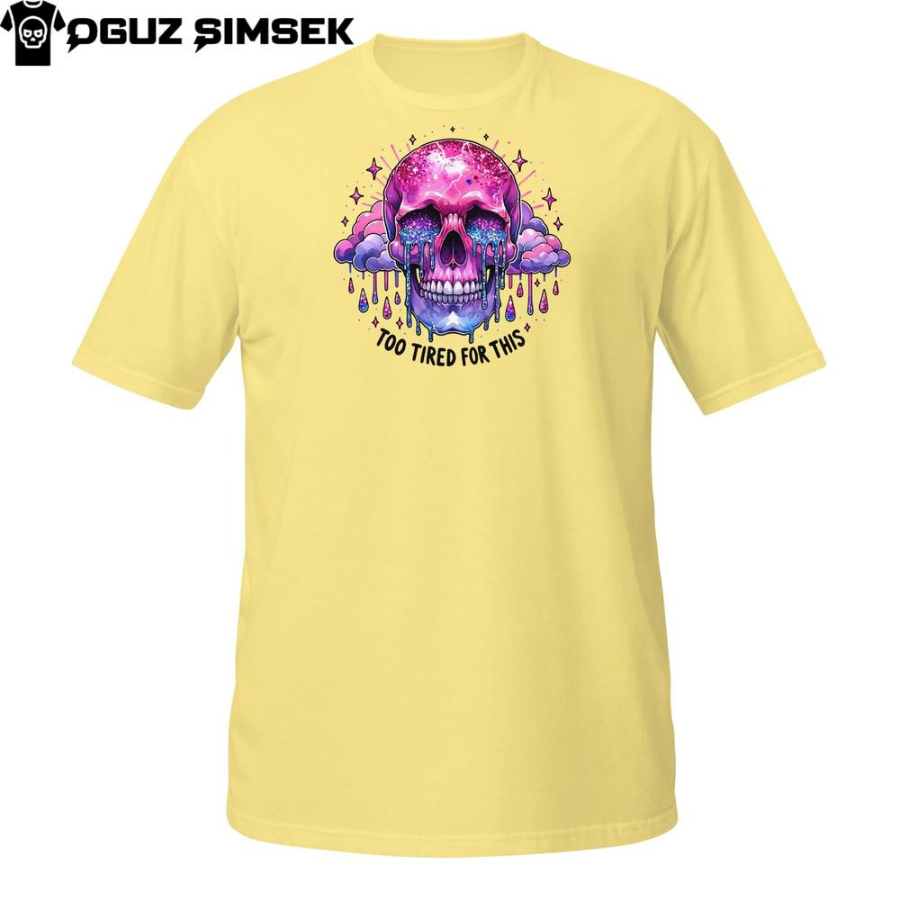 

Too Tired Skull T-Shirt – Neon Pink Skeleton Head with Clouds and Exhaustion XL