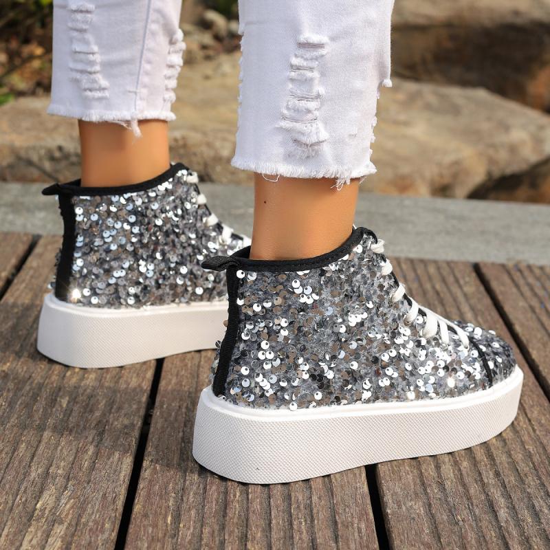 Luxury Sequined Thick Bottom Skate Shoes Women 2025 Autumn Round Toe Lace Up Casual Shoes Comfort Soft Sole Non Slip Sneakers