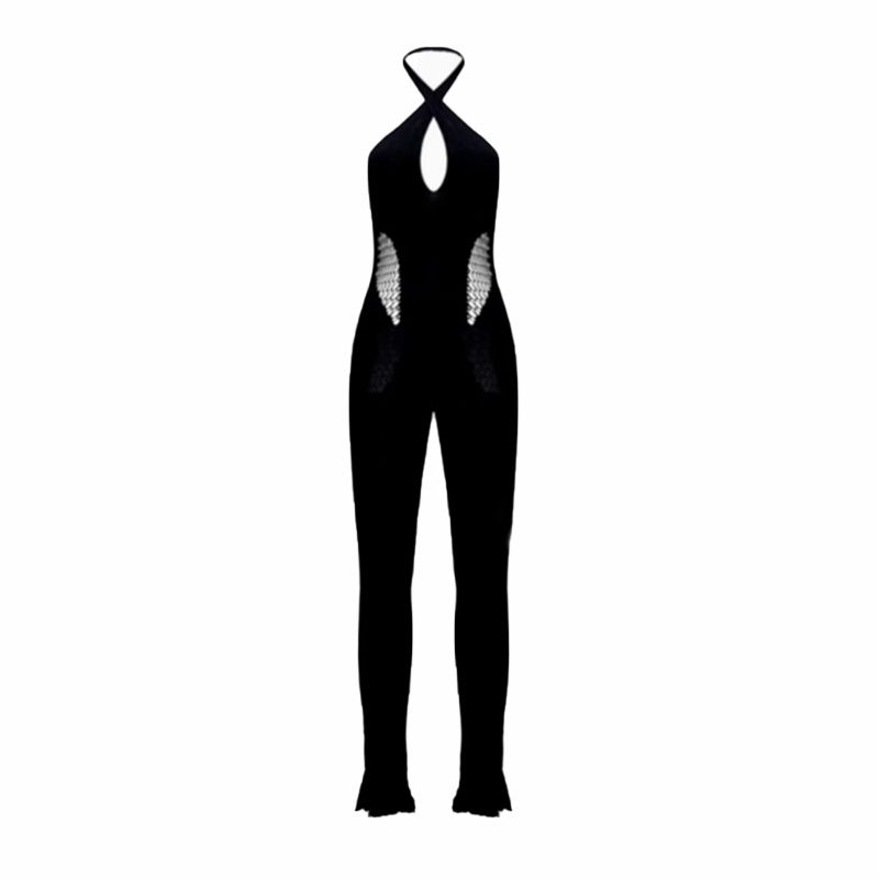 

Kkx Fashion ABG Sexy Sexy Cutout Cross-Halterneck Backless Bodysuit Street Slim-Fit Figure Flattering Pants Female Black All yards