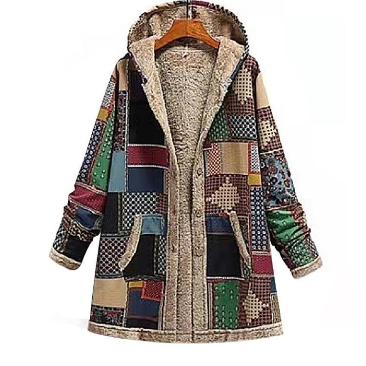

Plus Size Womens Fashion Loose Mid Long Coat Ethnic Style Printed Hooded Outwear Match Colors S зелёный