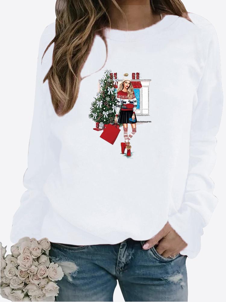 Autumn and Winter Women's Christmas Theme Printing Sweater Round Neck Long Sleeve Casual Sweatshirt Plus Size Top