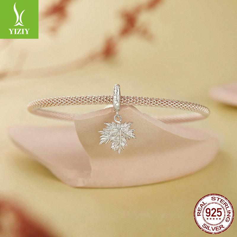 Chaîne Pendentif Feuille d'Érable Brillante DIY, Bracelet Romantique Feuille d'Automne Argent S925 Perlé