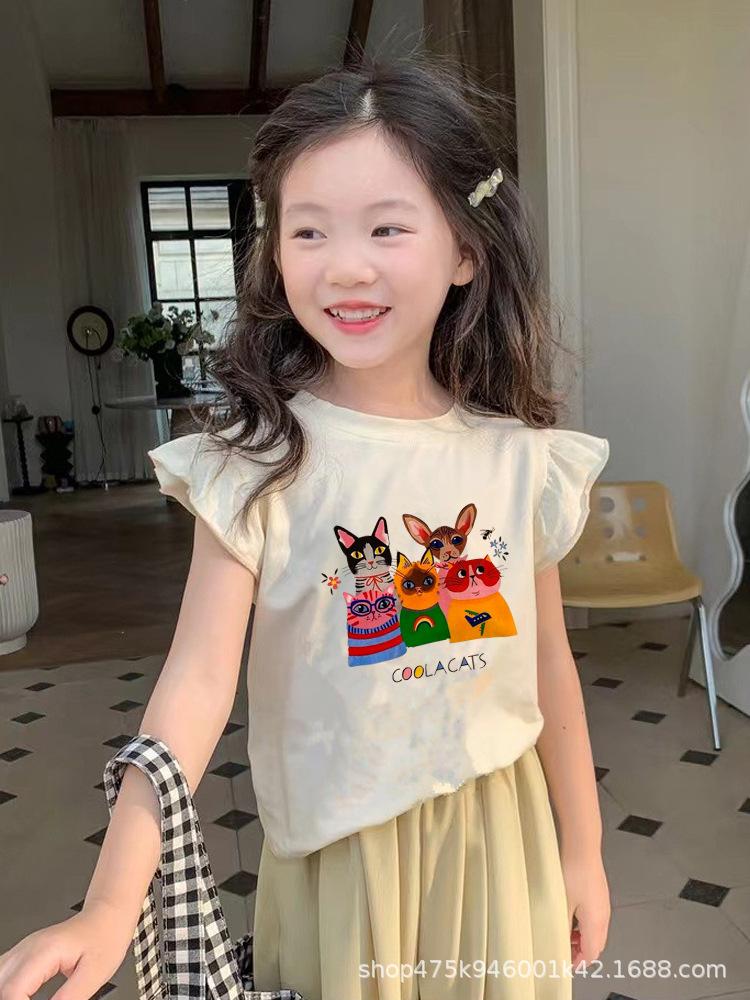 Girls Summer Cotton Cartoon T Shirt Cute Flutter Sleeve Short Sleeve Top Baby Breathable Comfortable Undershirt 90
