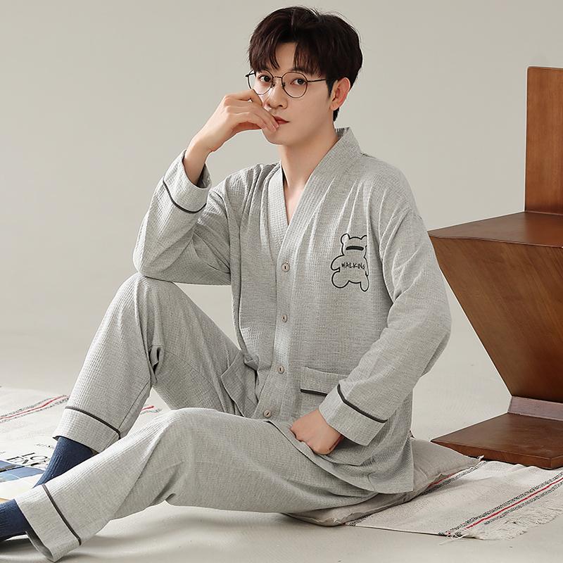 Herren Kimono Langarm Pyjama Set Cardigan Baumwolle Frühling und Herbst Loungewearkoreanische Mode Loungewear