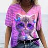 Women's T-Shirt Color Cat 3d Printing Short-Sleeved Fashion Casual Street V-Neck Oversized High-Quality Summer Women's Clothing
