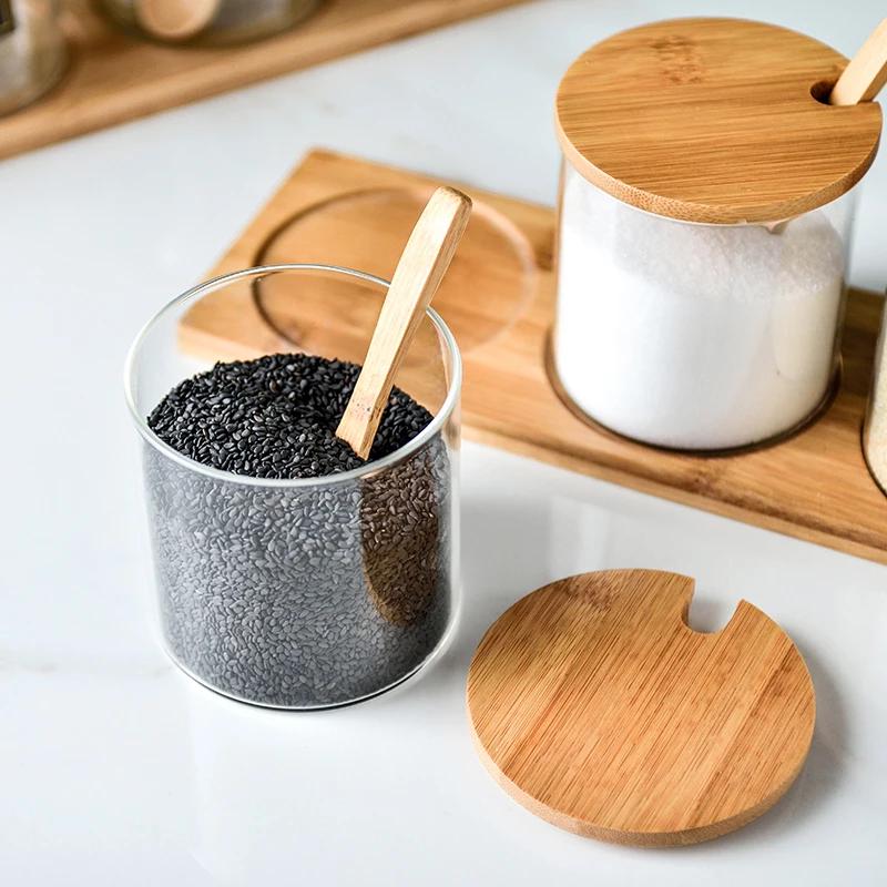 Glass Spice Storage Jar Wood Lid Container Spices Food Cereal Jar Kitchen Salt Candy Cookies Tea Coffee Beans Organizer Bottle