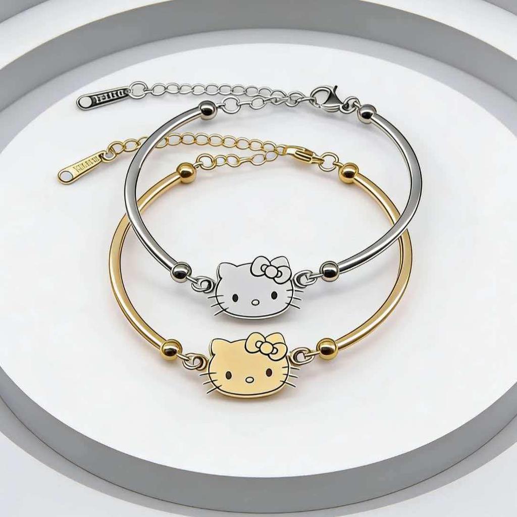 Real Gold Plated Stainless Steel KT Cat Bracelet - Light Luxury, Fade-Resistant, Cute Cartoon Design