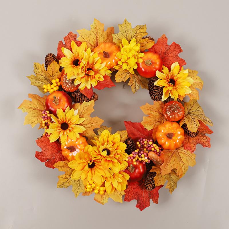 Autumn Harvest Festival Wreath: Sunflower, Maple Leaf, Pumpkin & Berry Halloween Pendant