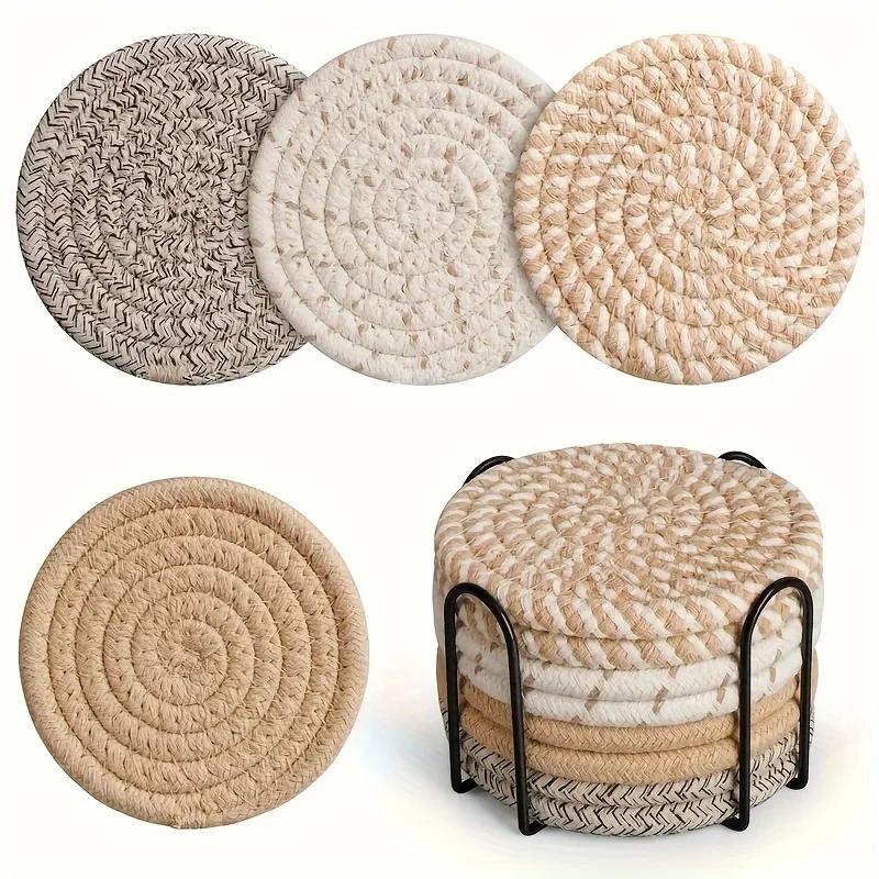 4pcs Absorbent Drink Coasters, Minimalist Cotton Fabric Coasters with Non-Woven Lining for Coffee Table Home Decor