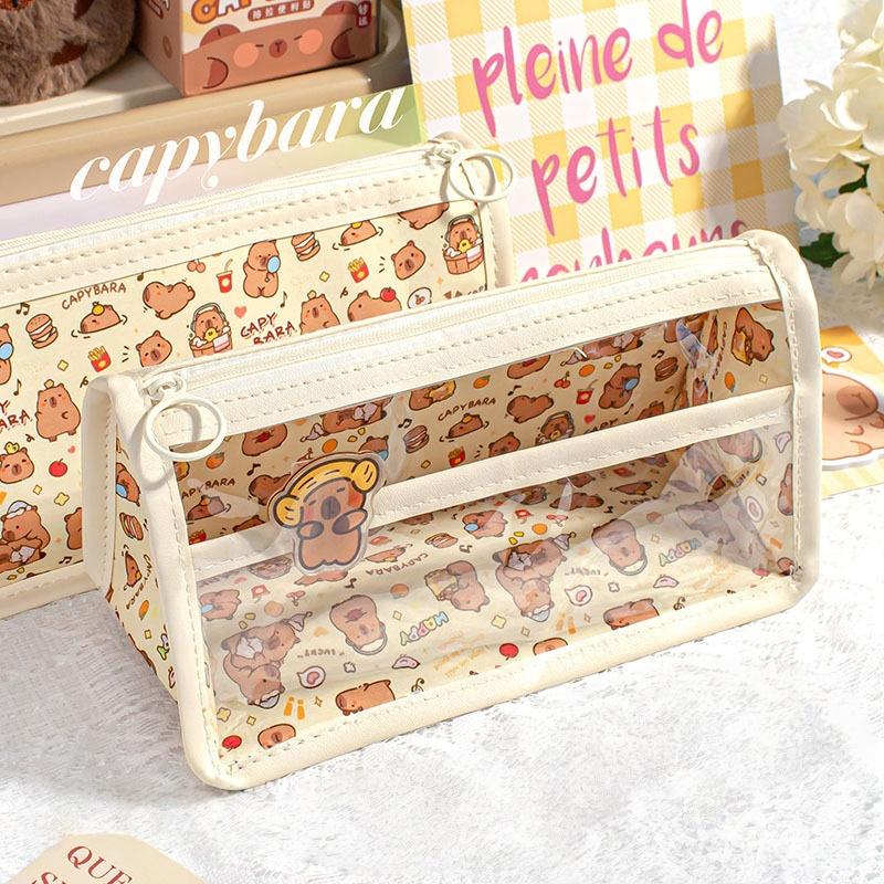 Cartoon Capybara Pencil Bag Large Capacity Storage Bags Students Pen Case Stationery Organizer Multi-Functional Makeup Bag