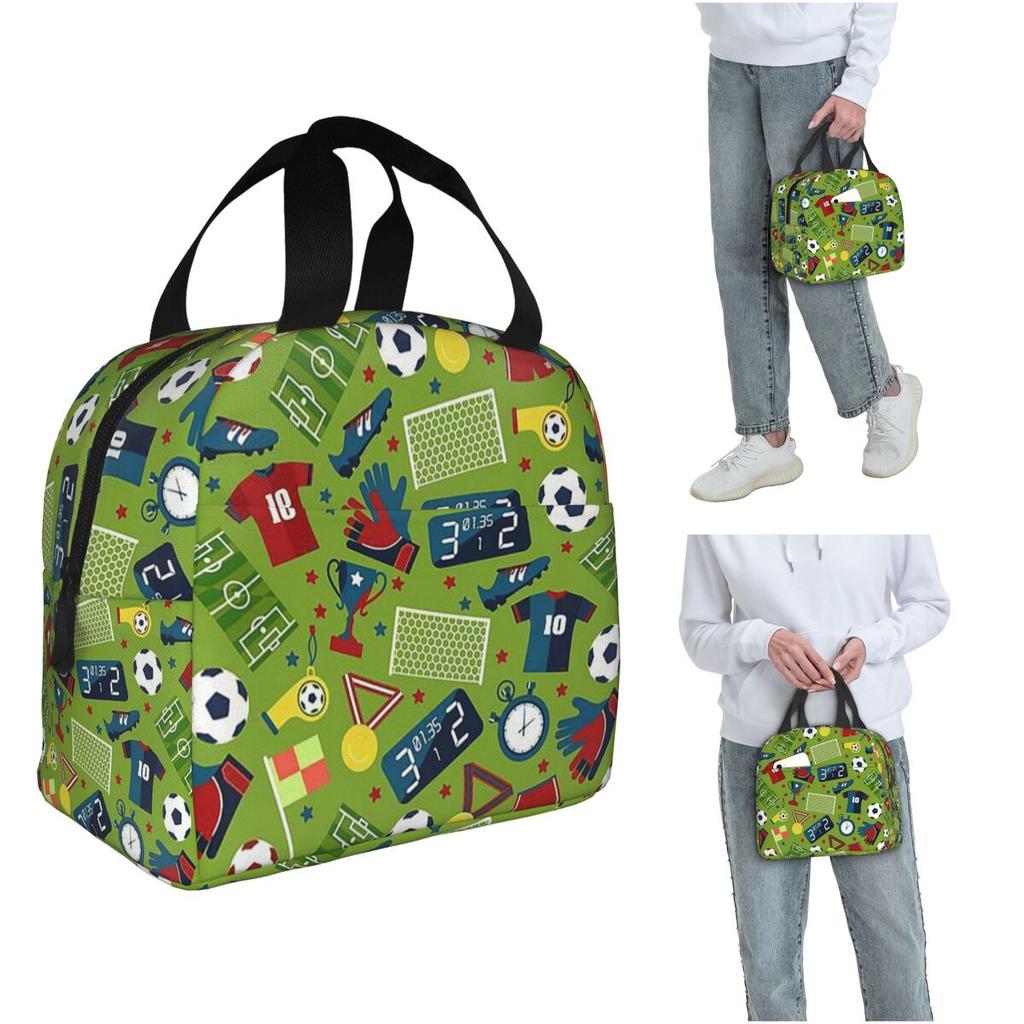 Fútbol Elemento Deportivo Patrón Deportivo Bolsa de Almuerzo Aislada para Mujeres Niños Portátil Cajas de Comida Lonchera Térmica Bolso Tote