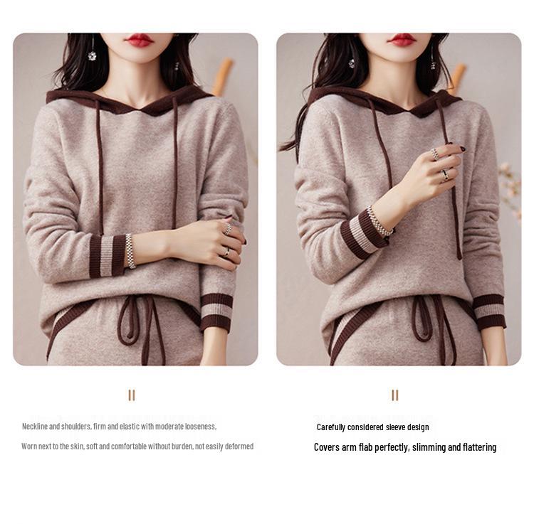 Women's Casual Color Block Hooded Wool Knit Sweatshirt & Long Pants Set - New Autumn Slimming Versatile Two-Piece
