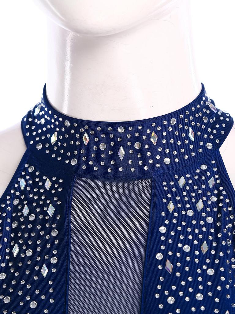 Dámský taneční overal s falešným rolákem, bez rukávů, z průsvitné síťoviny, s nášivkami, se třpytivými kamínky, s nepravidelnou sukní