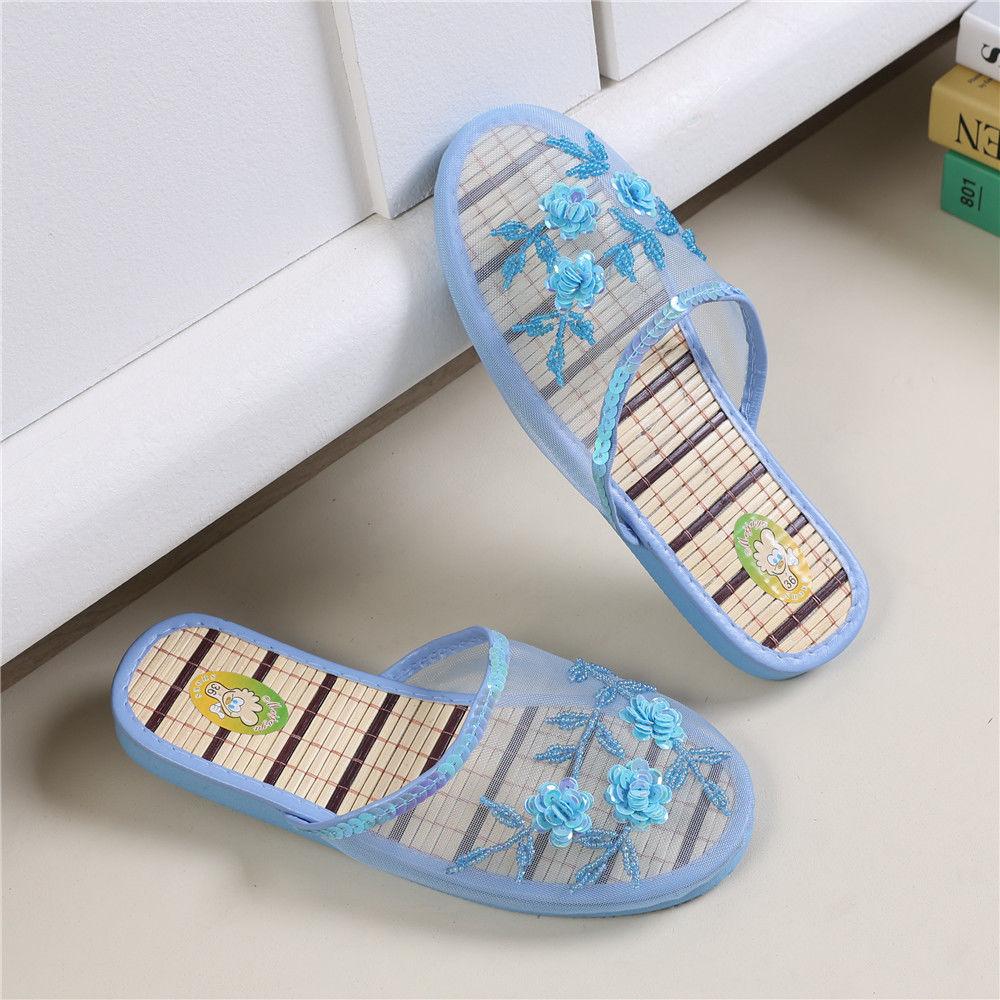 Handmade Beaded Home Slippers Women's Summer Indoor Mesh Wooden Flooring All Season Slippers Flat Heel