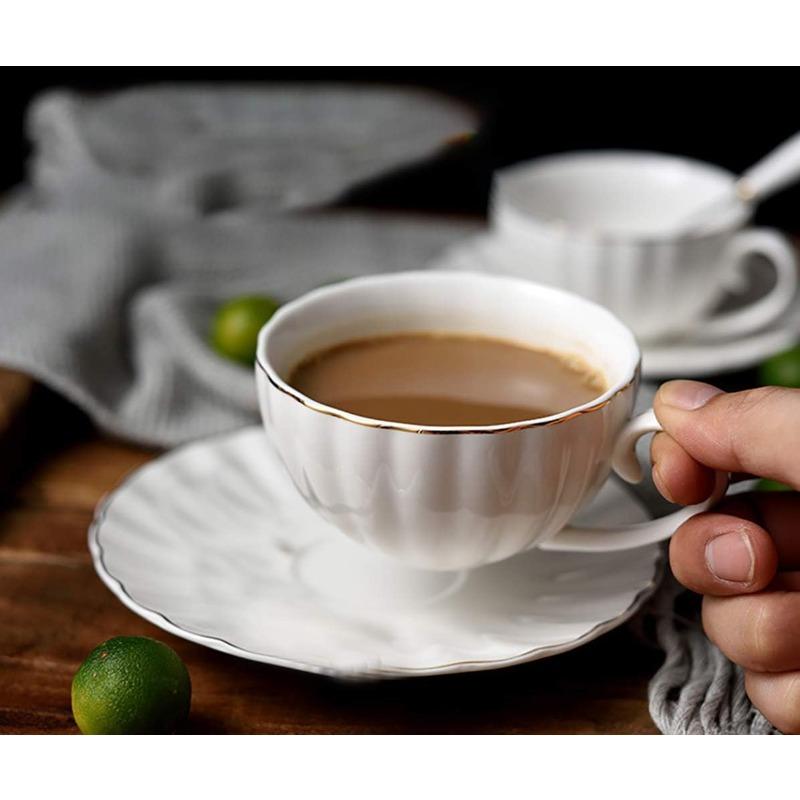 Set of 6 Royal Tea Cups and Saucers with Gold Trim, 8 Oz White Porcelain Tea Set & British Coffee Cups, White Latte Cups and