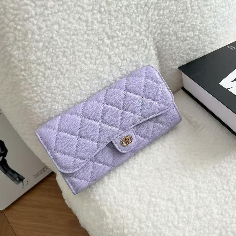 2026 New Caviar Patterned Cowhide Long Three Fold Wallet Hand-held Bag Chain Strap Crossbody Genuine Leather Women's