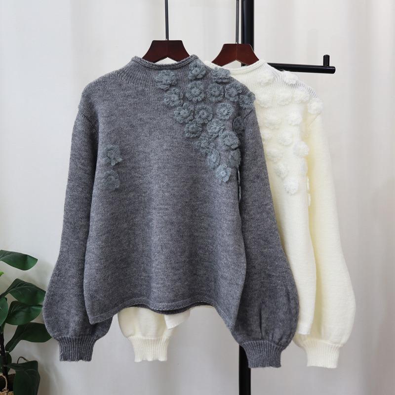 Autumn and winter new three-dimensional flower knitted sweater top soft waxy loose design semi-turtleneck sweater pullover women