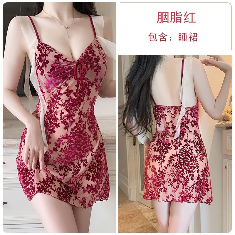 

Sexy women s pajamas passionate hot slim deep V lazy plus chest pad pure lust velvet nightdress set XL кармін червоний колір