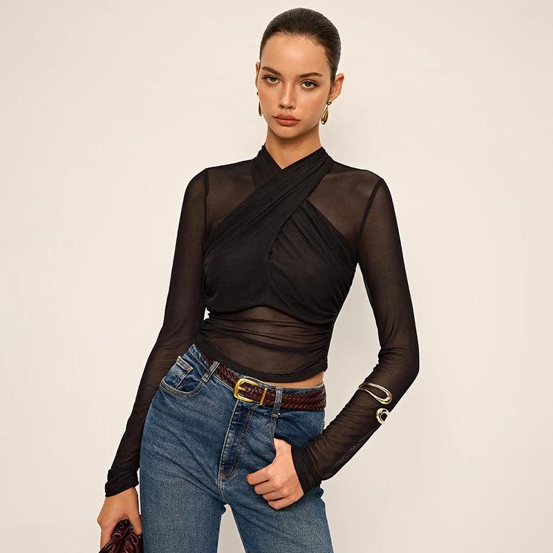 Women's J25TP256 Semi-Transparent Mesh Crossover Long Sleeve Slim Fit Short T-shirt for Summer and Autumn