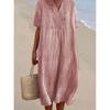 Summer Literary Vintage Cotton Linen Dress Female Short Sleeve Loose Casual Robe Women Solid Color Vestidos