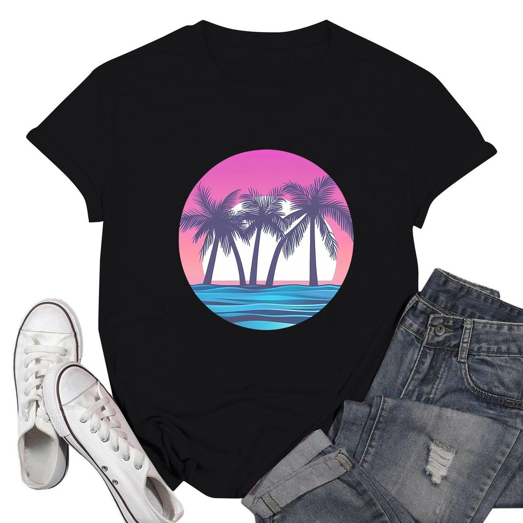 Women's Fashion Casual Printed Short Sleeve Round Neck Pullover Tops