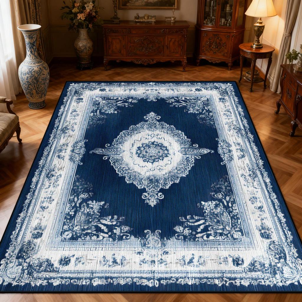 New Classical Carpet Decoration Bedroom Bedside Washable Short Velvet Rug Outdoor Balcony Foldable Soft Floor Mat Blue White