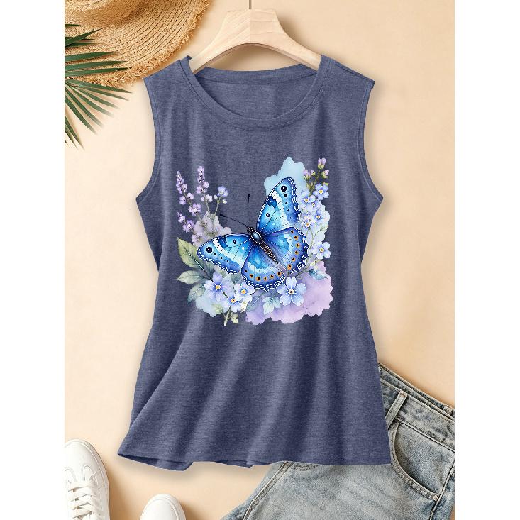2026 Vintage Tinte Floral Monarchfalter Druck Damen Ärmellose Weste Rundhalsausschnitt Tägliches Pendeln Frühling Sommer Herbst Tanktop