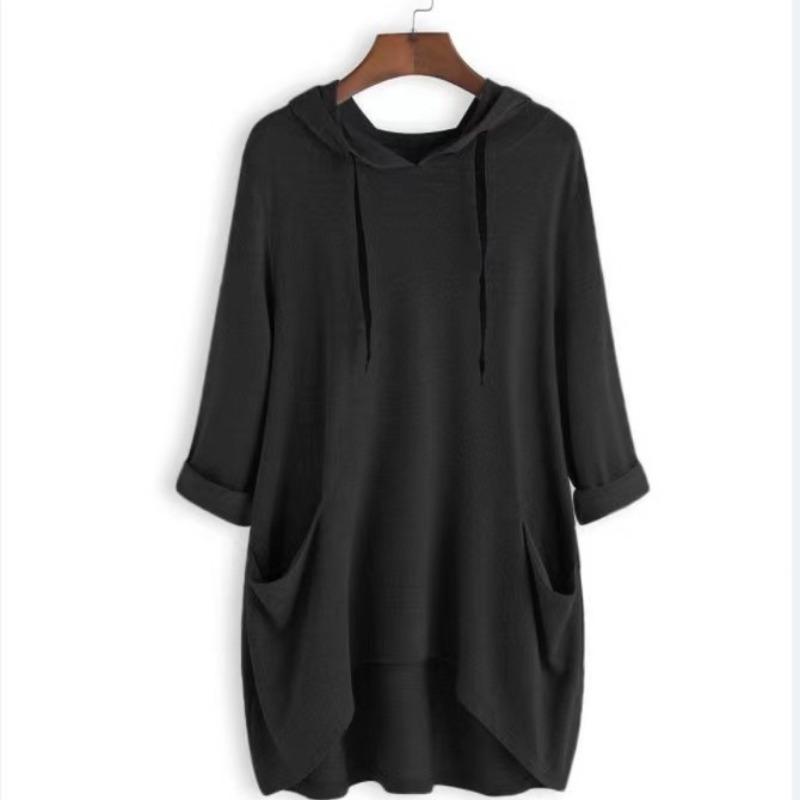 Spring Autumn Women's Hooded Solid Color Loose Long T-shirt Irregular Long Sleeve Pocket Pullover Top