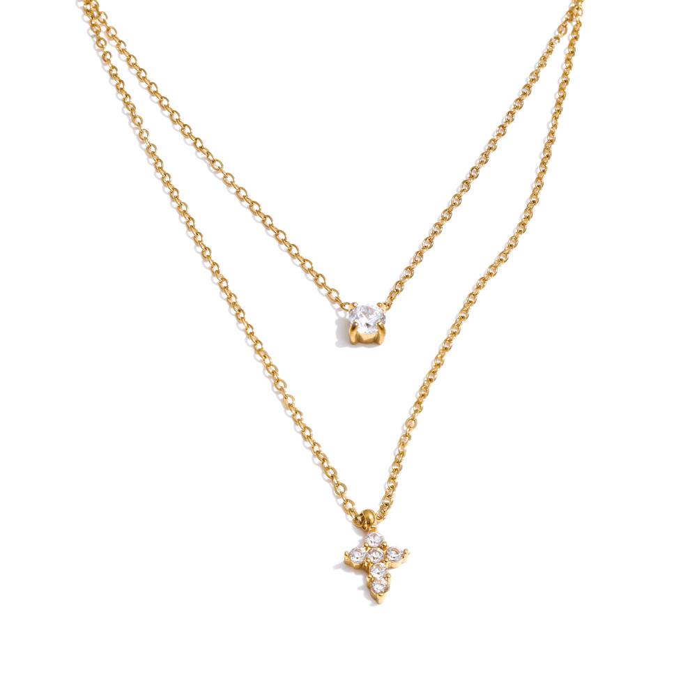 Yhpup High Quality Double-Layer Chain Zirconia Cross Pendant Delicate Necklace Stainless Steel Temperament Fashion Gift Jewelry