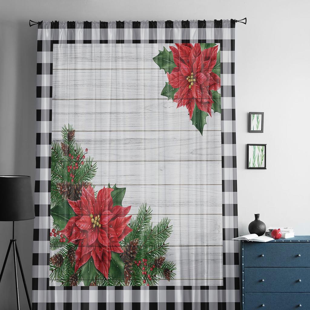 Winter Poinsettia Flower Vintage Sheer Curtains For Kids Bedroom Living Room Voile Curtains Xmas Kitchen Tulle Curtain