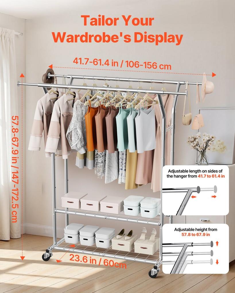 Clothes Rack, Rolling Clothing Garment Rack with 2 Hanging Rods and 2 Storage Shelves, 120 kg Load Capacity, Adjustable Height Carbon Steel Clothing
