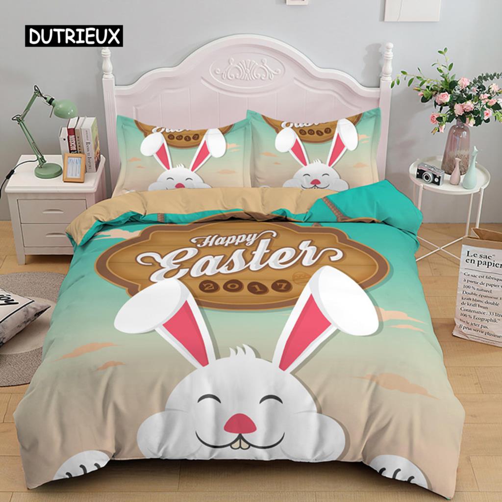 Frohe Ostern Ei Hase Königin Bettbezug Cartoon Lieblich Häschen Bettwäsche Set Haustier Tier Bettdecke Polyester Steppdeckenbezug