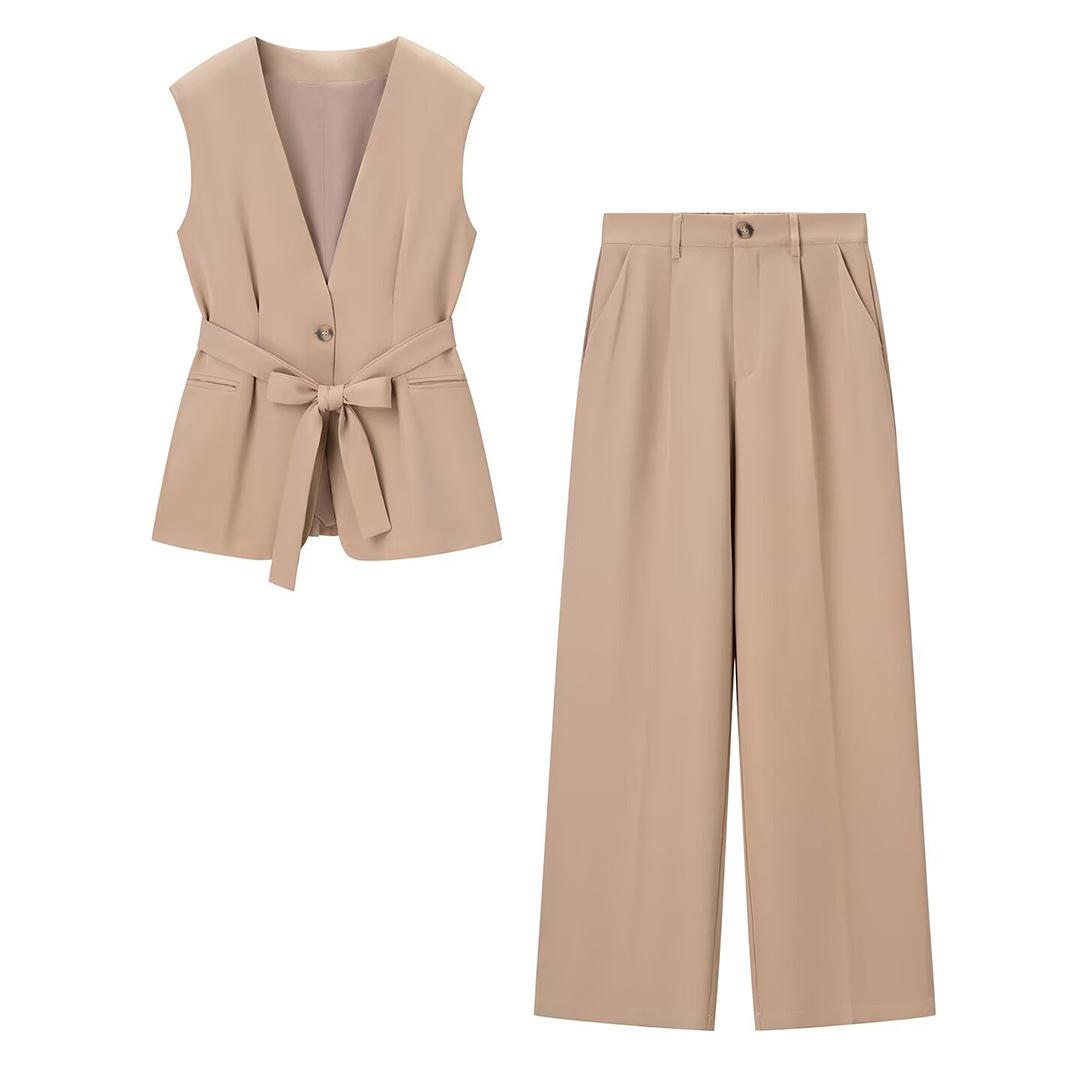 Solid color vest jacket women s 2025 autumn new season women s clothing casual fashion wide-leg pants suit S хаки