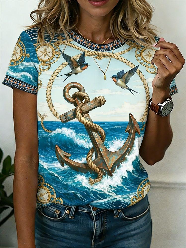 Summer Anchor Stripe 3D Print T-Shirts Women Casual Short Sleeve Round Neck T Shirt Harajuku Y2K Tees Top Female Street Clothing