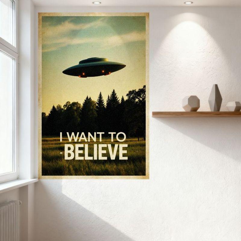 Vintage UFO 'Chci věřit' Kovový plechový nápis, Retro mimozemský plakát Nástěnná deska pro domácí bar Pánskou jeskyni Kancelářskou dekoraci