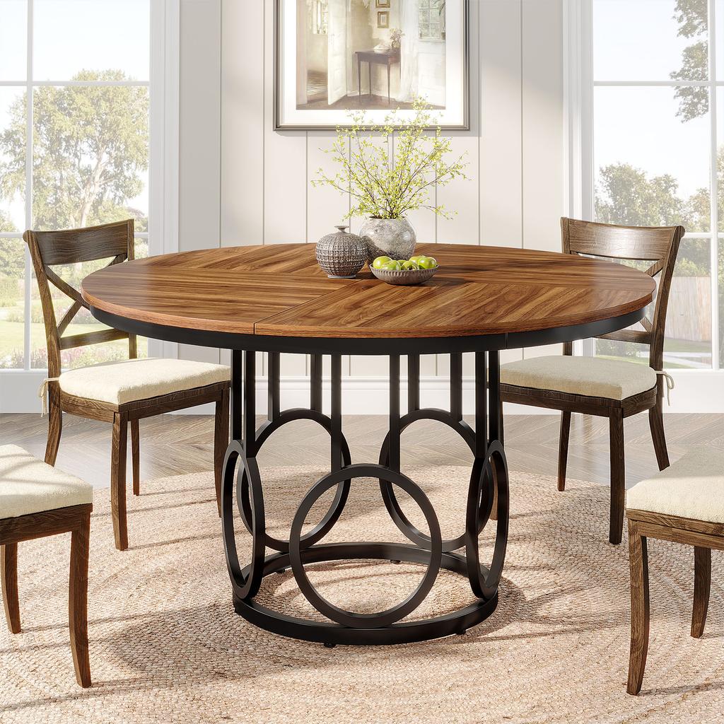Tribesigns Round Dining Table 120cm, Wooden Kitchen Table with Sturdy Metal Base for 4-6 People, Large Round Dining Table