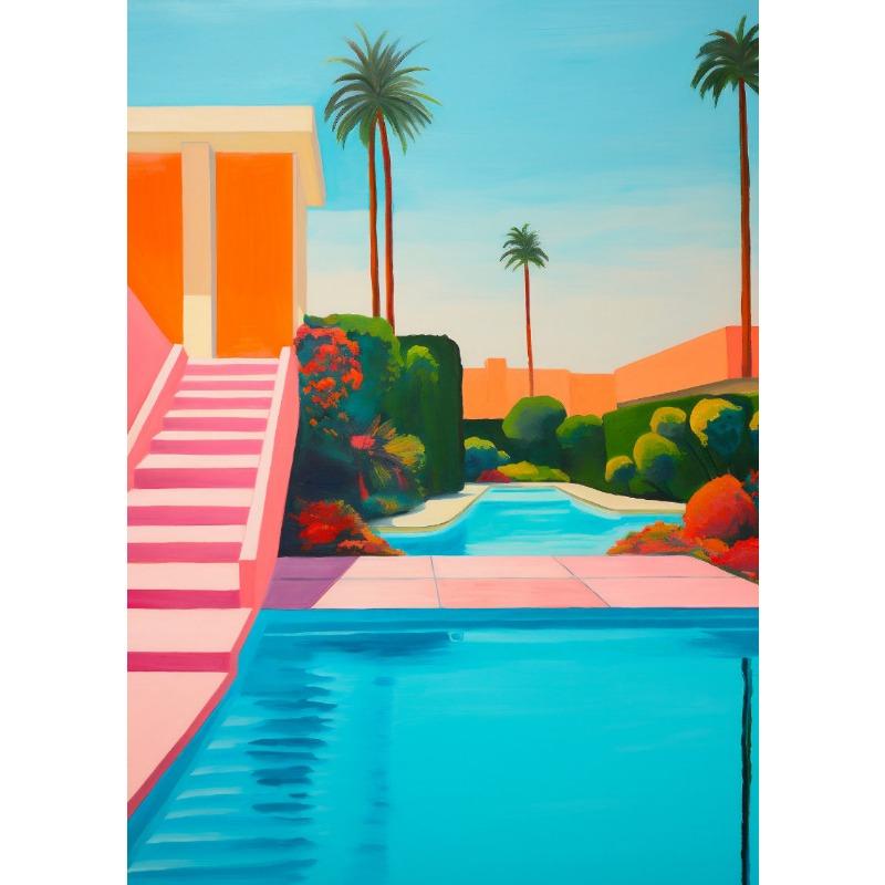 Palm Springs Sunset Pool Print Retro Architecture Poster Wall Art Canvas Painting Print Moody Pictures Cottage Boho Home Decor