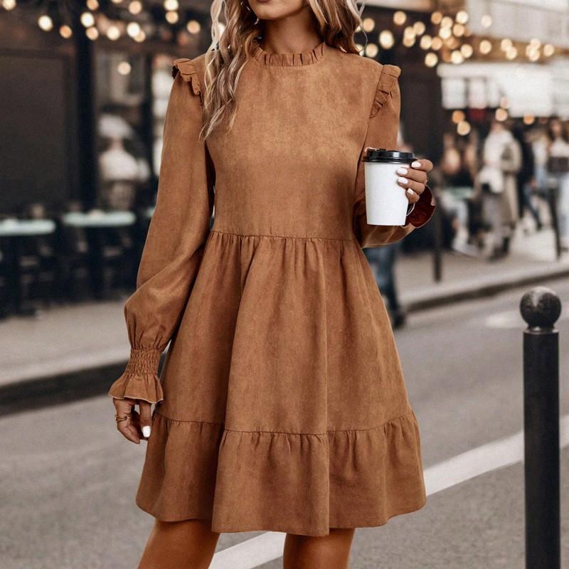 Womens Corduroy Long Sleeve Round Neck A-Line Midi Dress Loose Fit Vintage Chic 2025 Small