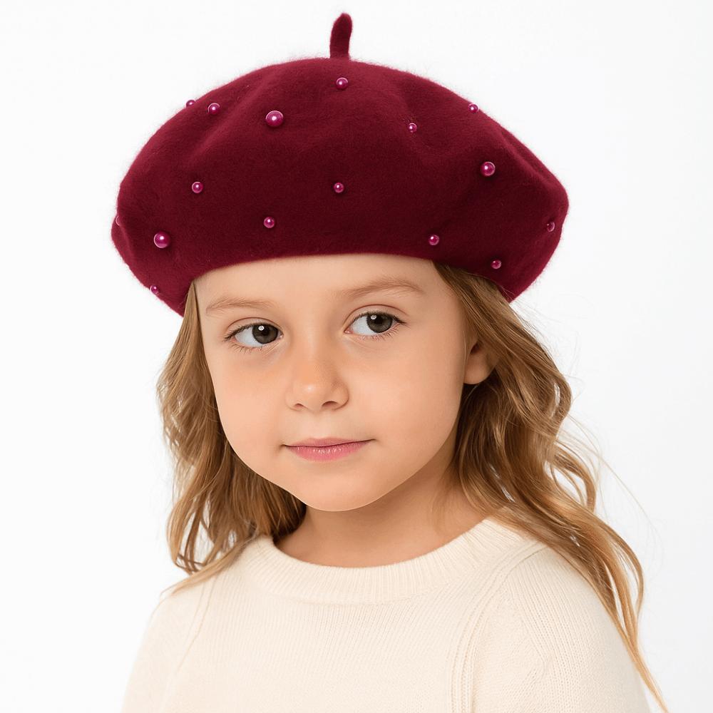 Solid Color Children's Beret Pearl Painter Hat Fashion Baby Wool Hat Kid