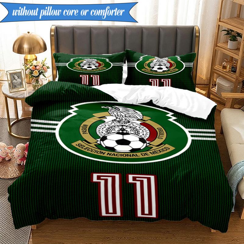 3PCS Mexico Football Team Emblem Printed Soft Bedding Set,Including 1pc Duvet Cover And 2pcs Pillowcases Perfect for Bedroom, Dormitory, Fan Gift